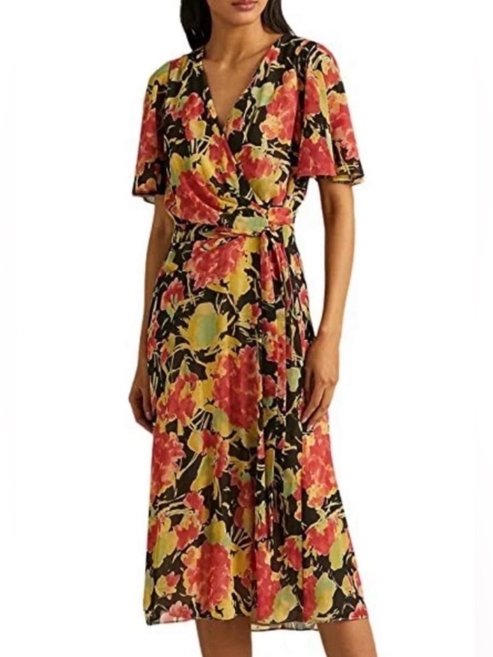 Lauren Ralph Lauren size 14 Black Floral Midi Wrap Dress with Fall Colors